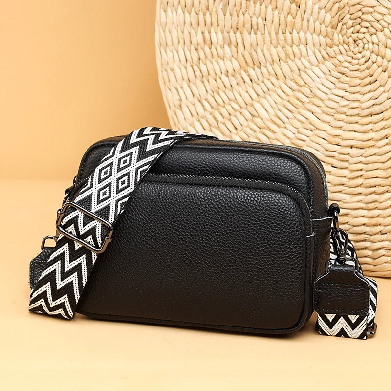 Sac Maë  – Cuir de vache grainé & Sangle géométrique